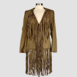 Boston Proper Vintage Tan Faux Suede Fringe Boho Western Jacket 6